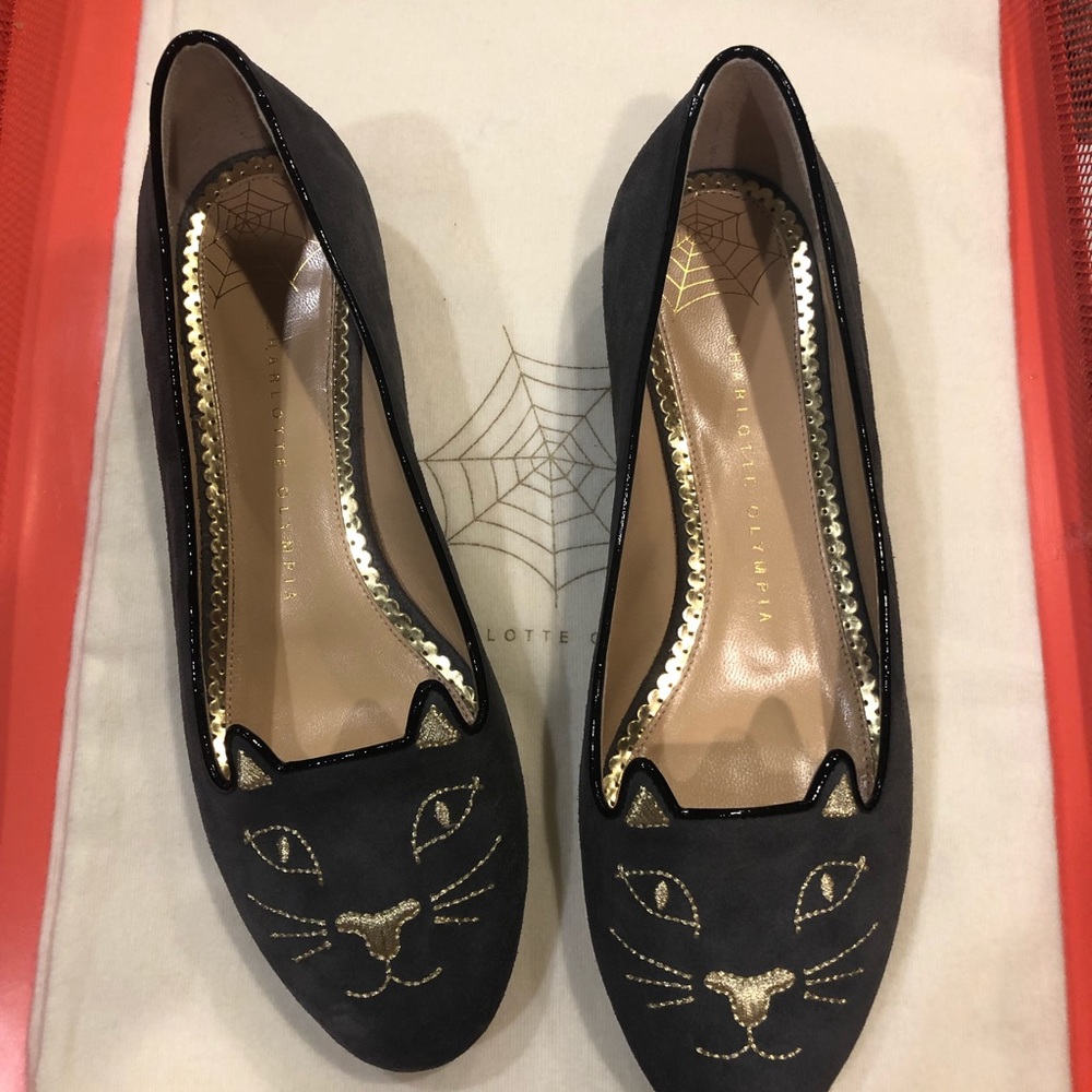 Grey suede Charlotte Olympia kitty ballet flats